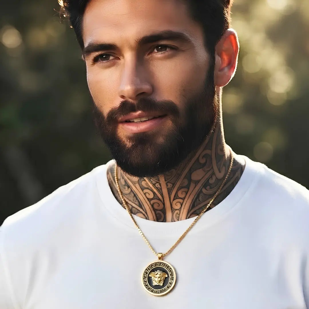 14K Gold Tone Greek Key Medallion Pendant Necklace – 28mm x 28mm Contrasting Round Pendant with 66cm x 3mm Chain for Men