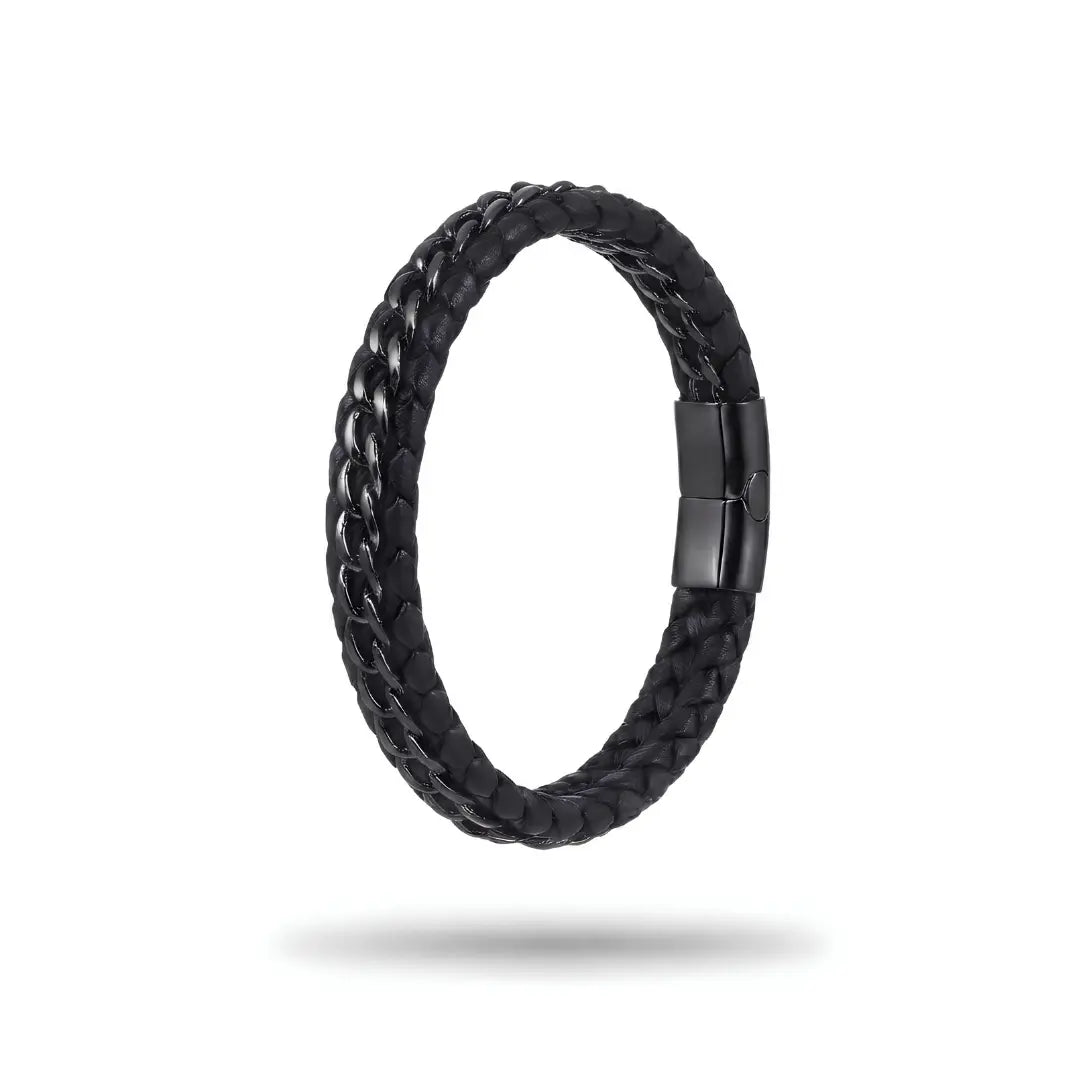 Braided Leather & Metal Chain Bracelet – 21cm 18mm Multi-Strand Stainless Steel Cuff with Magnetic Clasp for Men