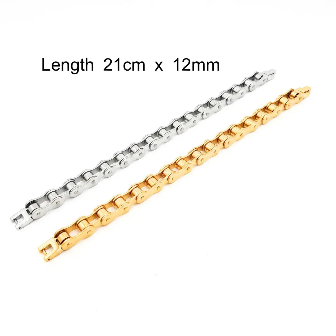 Bicycle Motorcycle Chain Bracelet – 21cm 12mm Industrial Roller Chain Link Bracelet in Gold & Silver for Men