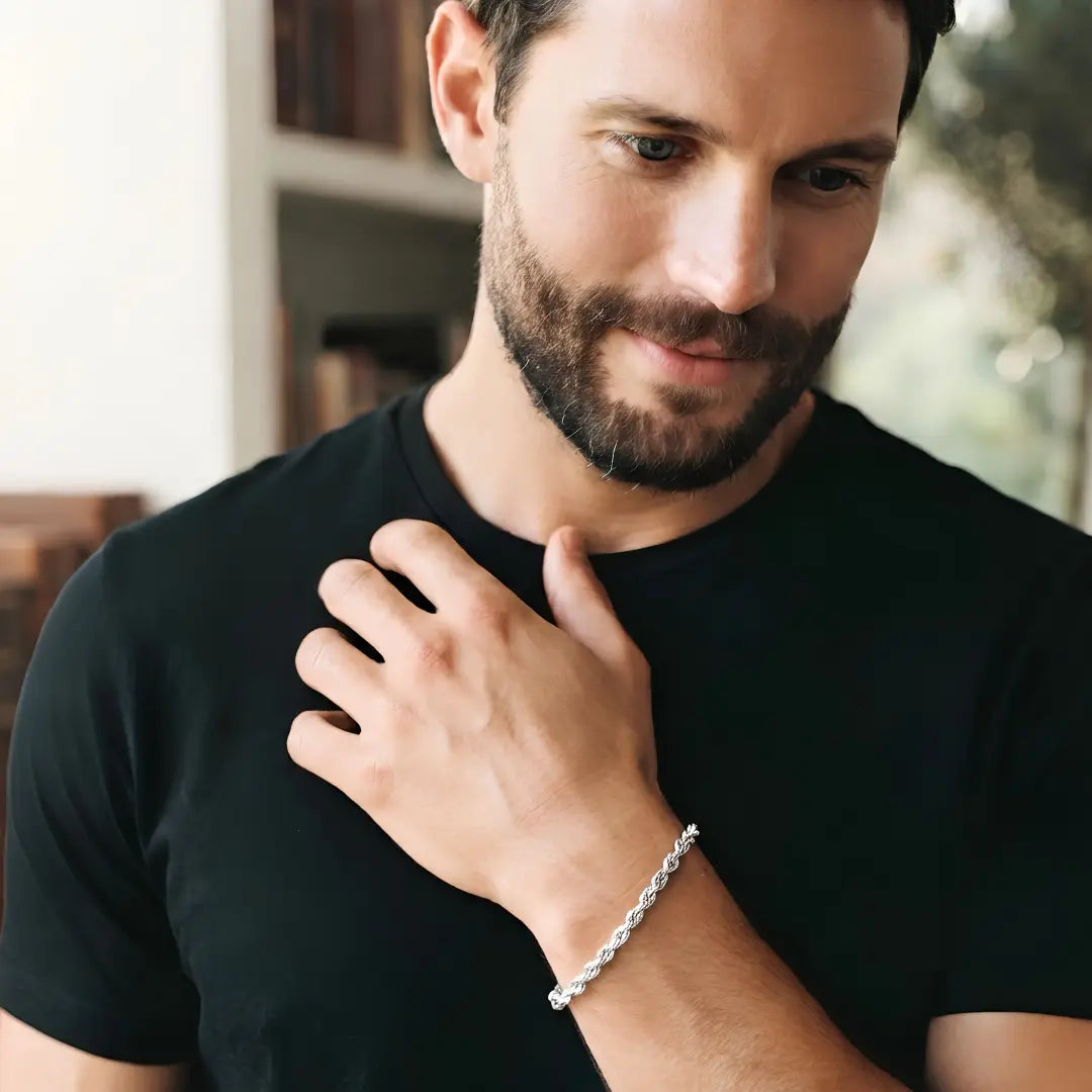 Silver Rope Chain Bracelet – 21cm 6mm Twisted Spiral Link Bracelet with Lobster Clasp for Men