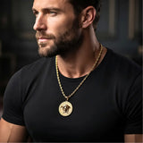 18K Gold Filled Iconic Greek Head Pendant Necklace – 35mm x 35mm Medallion with 60cm x 6mm Heavy Rope Chain for Men