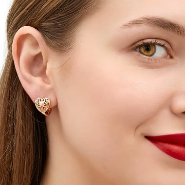 18K Gold Filled Rose Gold Heart Huggie Earrings – 12mm Reversible Textured 2-in-1 Dainty Hoop Earrings for Women