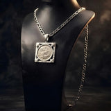 Silver Rhodium Plated Square Sovereign Pendant Necklace – 20mm x 20mm 1911 Medallion with Pavé CZ Frame & 60cm x 6mm Figaro Chain for Men