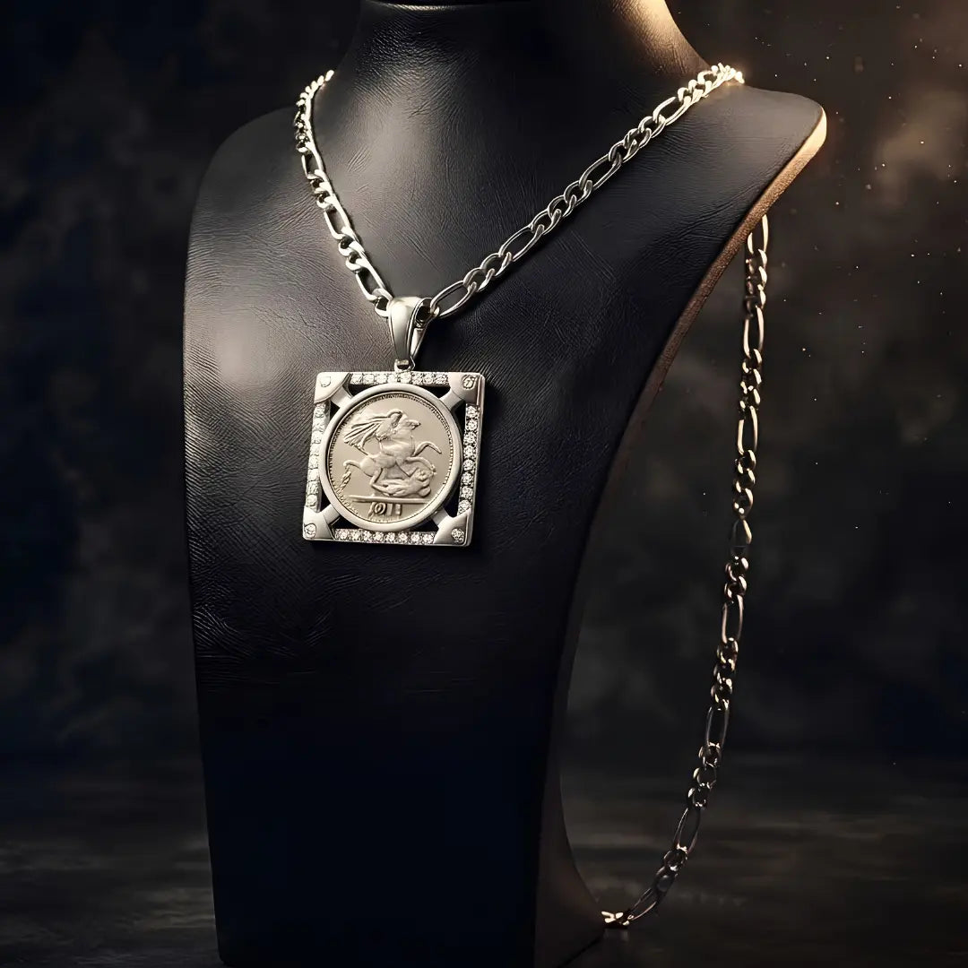 Silver Rhodium Plated Square Sovereign Pendant Necklace – 20mm x 20mm 1911 Medallion with Pavé CZ Frame & 60cm x 6mm Figaro Chain for Men