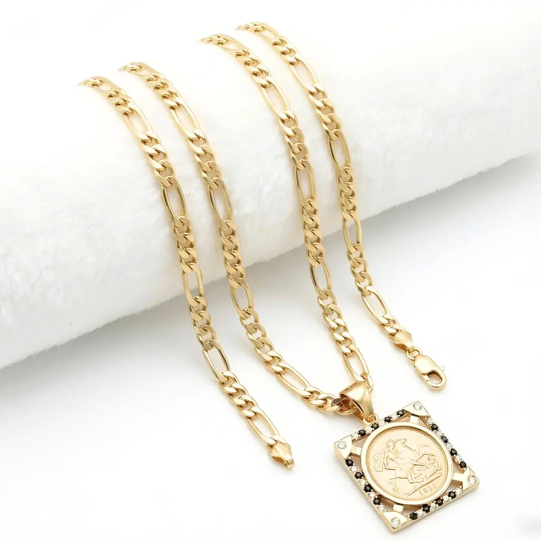 18K Gold Filled Square Sovereign Pendant Necklace with Black & White Diamonds – 20mm x 20mm Medallion with Pavé Dual-Tone Halo & 60cm x 6mm Figaro Chain for Men