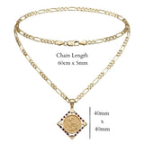18K Gold Filled Square Sovereign Pendant Necklace with Ruby & Cubic Zirconia Accents – 60cm Figaro Chain Heritage Medallion Necklace for Men