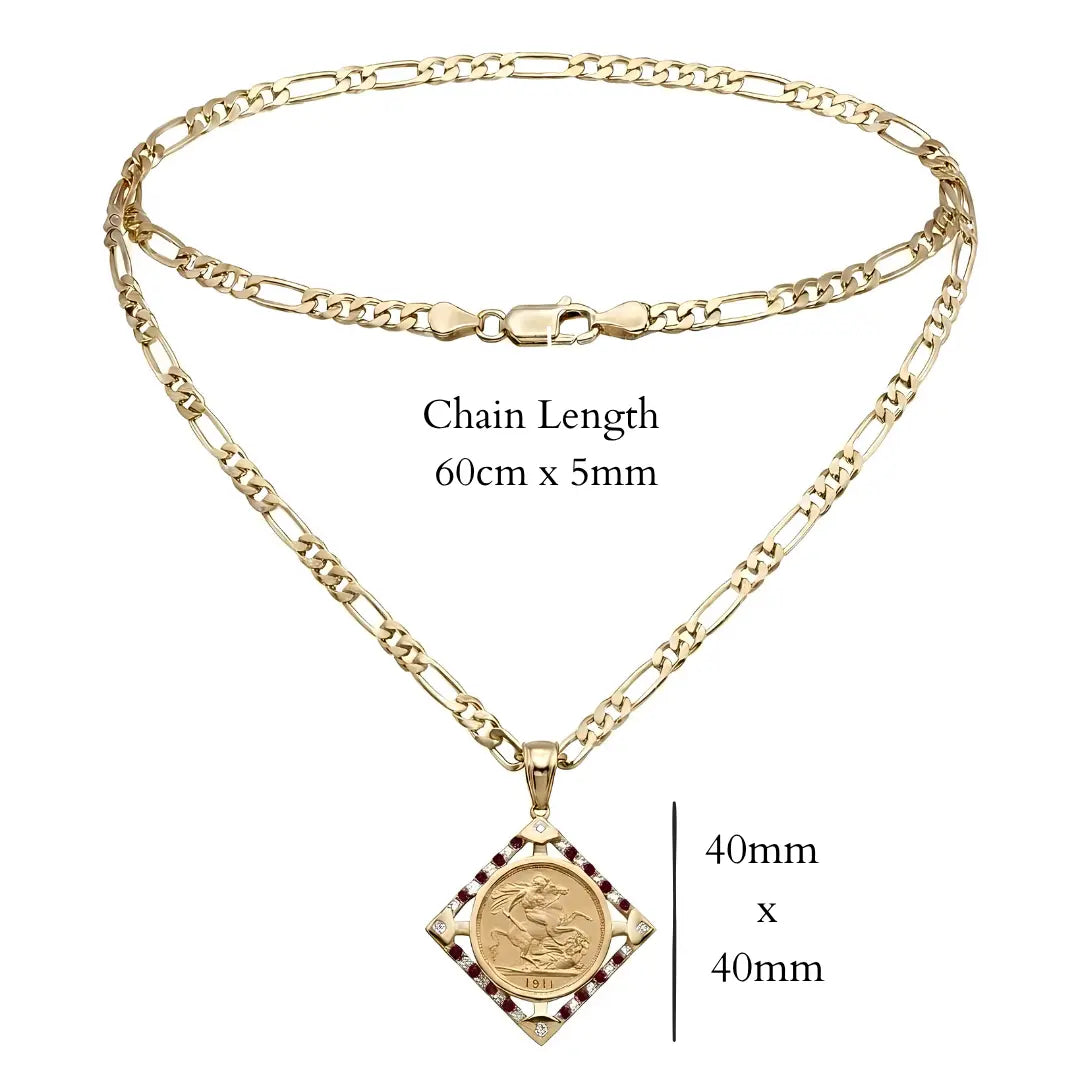 18K Gold Filled Square Sovereign Pendant Necklace with Ruby & Cubic Zirconia Accents – 60cm Figaro Chain Heritage Medallion Necklace for Men