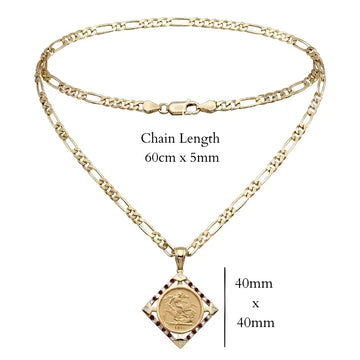 18K Gold Filled Square Sovereign Pendant Necklace with Ruby & Cubic Zirconia Accents – 60cm Figaro Chain Heritage Medallion Necklace for Men