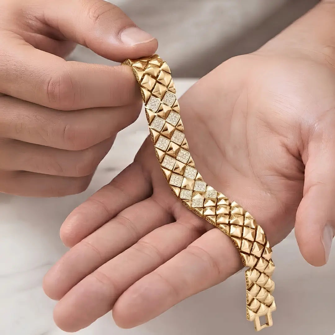 18K  Gold Filled Pyramid Stud Pavé CZ Bracelet – Geometric Clous de Paris Crystal Statement Link Bracelet for Women & Men