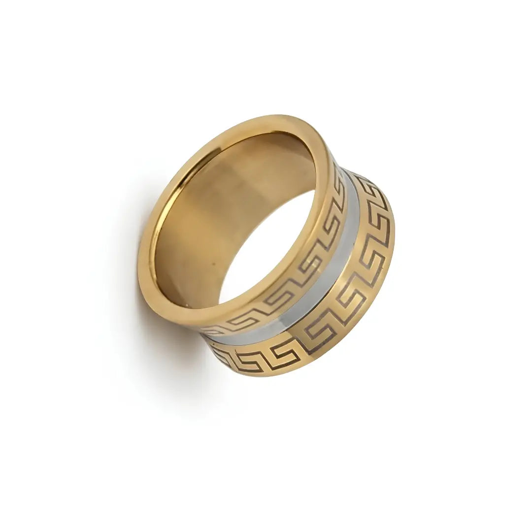 18K Gold Filled Greek Key Ring – 14mm Wide Concave Geometric Meander Statement Band for Men (US Size 11)