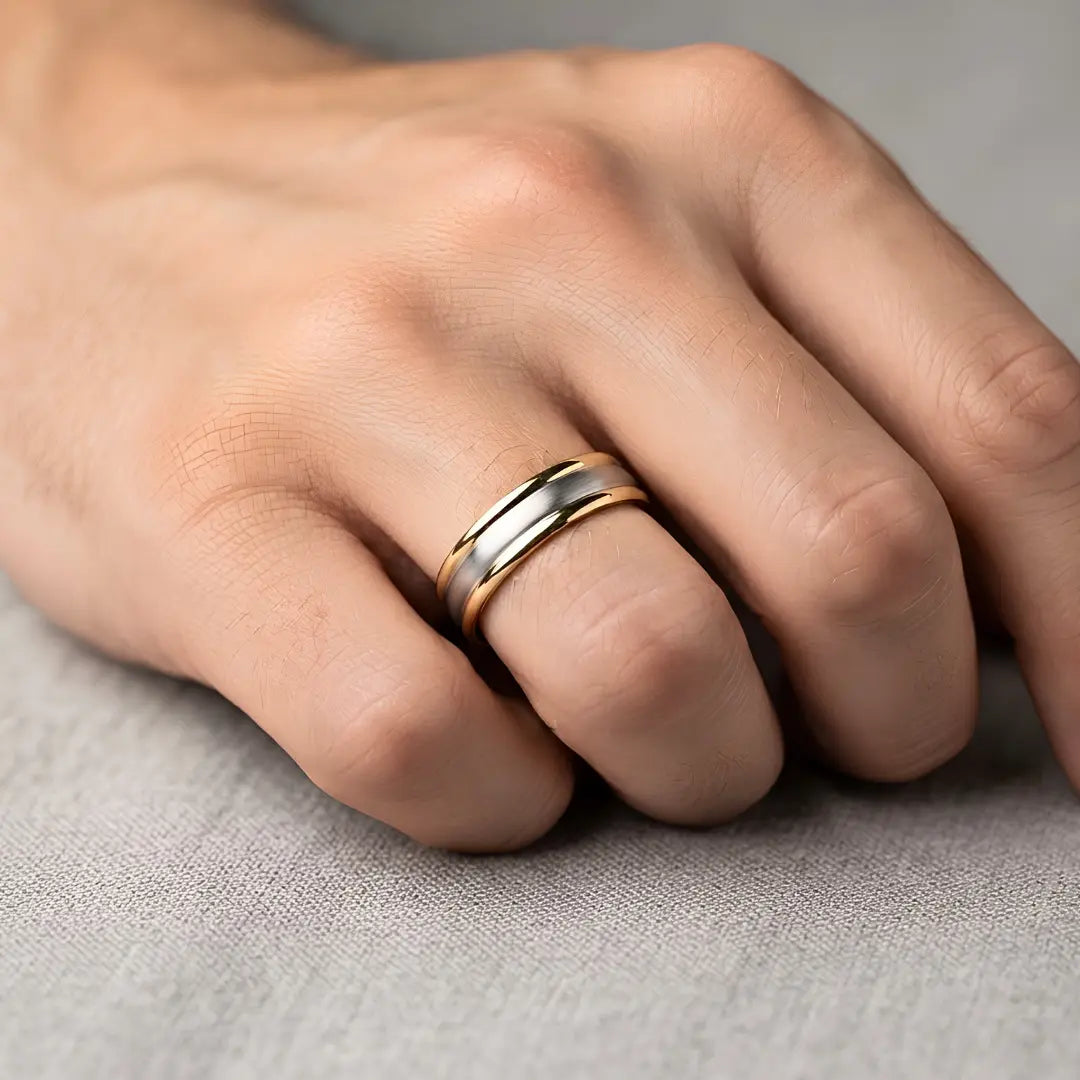 18K Gold Filled Grooved Center Ring – 10mm Dual-Finish Satin Brushed & Polished Edge Band