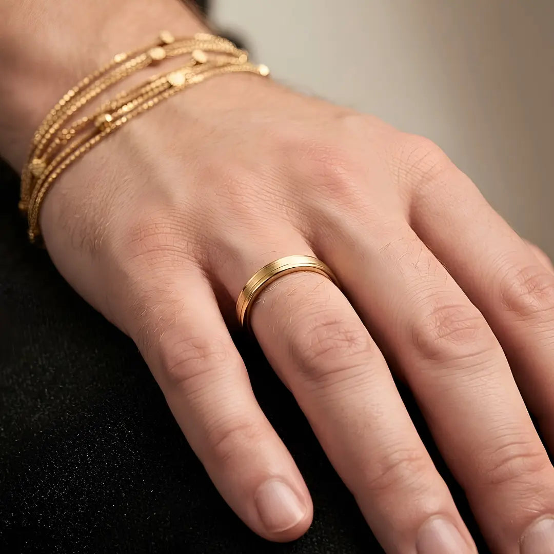 18K Gold Filled Brushed Center Band Ring – 4mm Slim Dual-Finish Satin & Polished Beveled Edge Ring