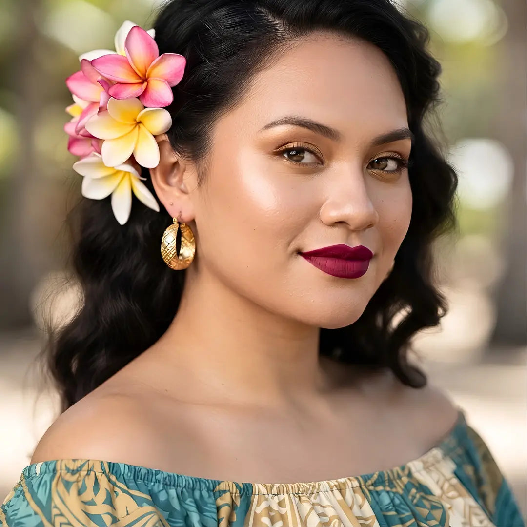 18K Gold Filled Hawaiian-Style Bamboo Hoop Earrings – 25mm x 12mm Chunky Rounded Profile with Engraved Geometric Detailing for Women