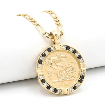 18K Gold Filled 1916 Sovereign Pendant Necklace with Black & White Diamonds – Dual-Tone Pavé Halo Heritage Medallion Necklace for Men