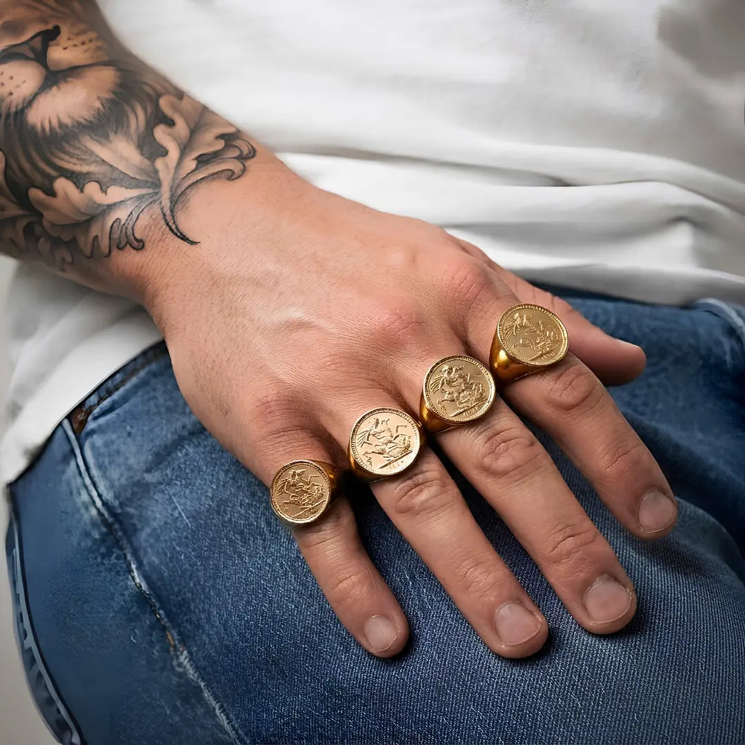 18K Gold Filled 1916 Full Sovereign Ring – Vintage Commemorative Coin Medallion Statement Band for Men