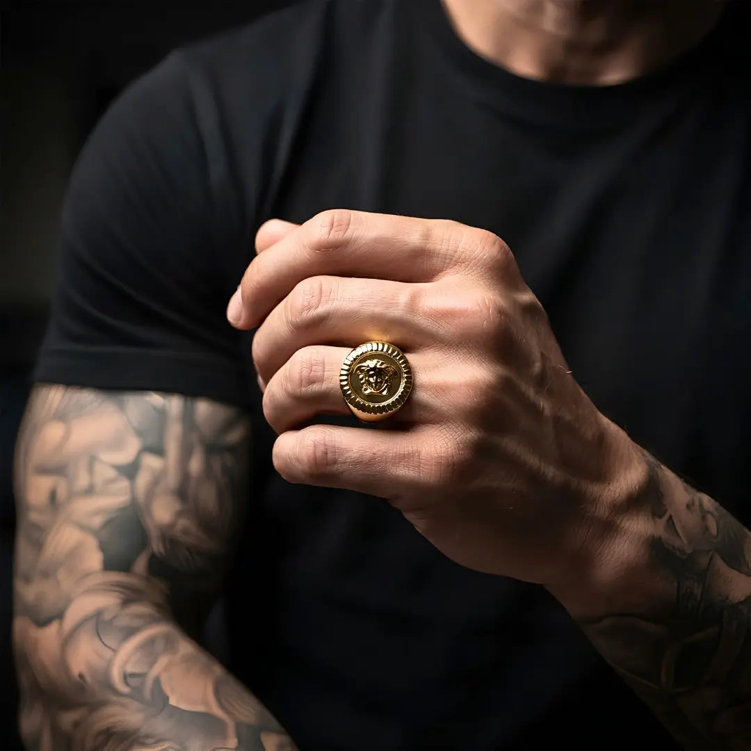 18K Gold Filled Mythic Head Premium Ring – Sculpted High-Relief Figural Statement Signet for Men