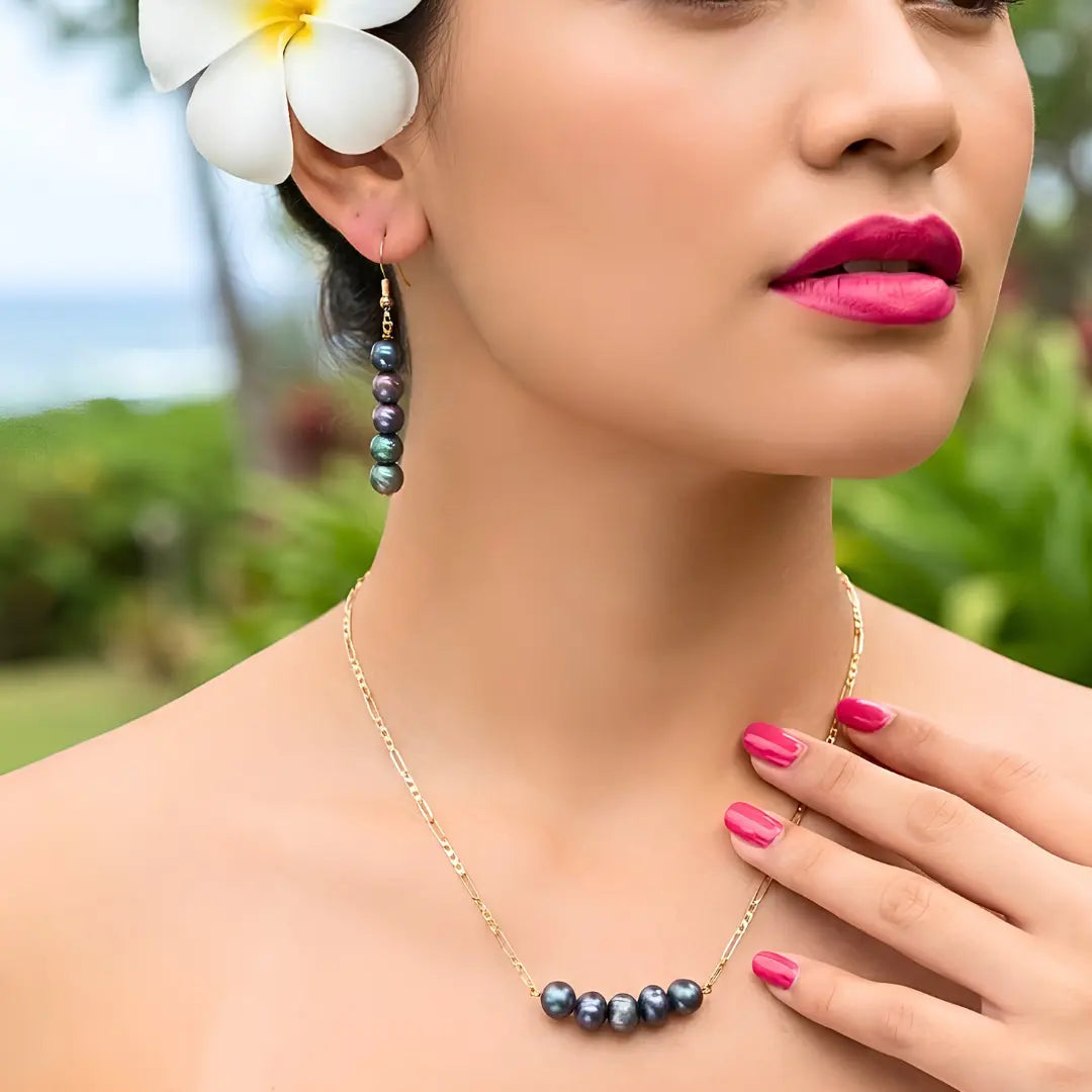 18K Gold Filled Black Baroque Pearl Set – 40mm Statement Organic Pendant Necklace with 60cm Figaro Chain & 40mm Matching Drop Earrings