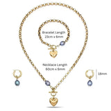 18K Gold Filled Hawaiian Jewelry Set - Heart Charm Toggle Necklace, Bracelet & Pearl Earrings