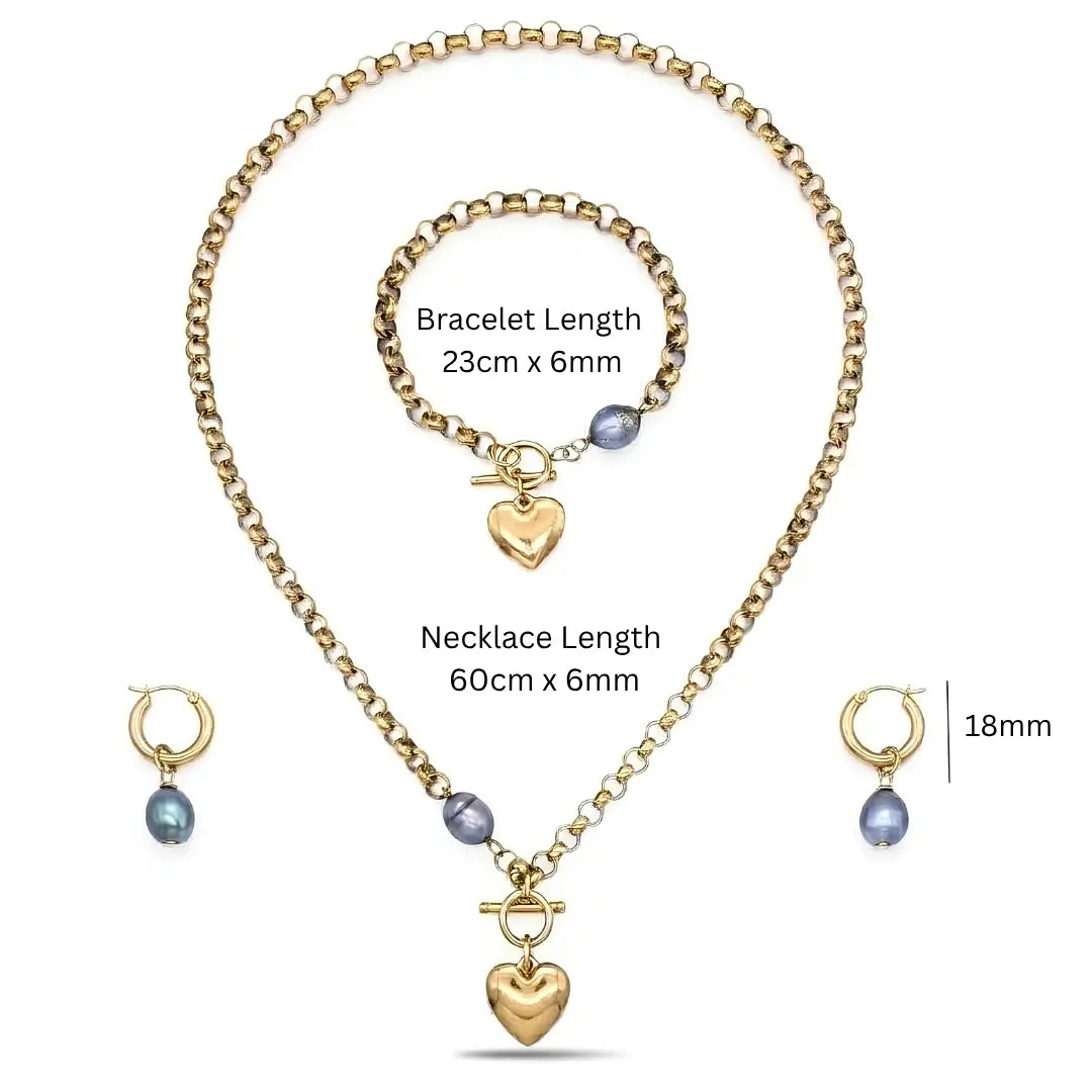 18K Gold Filled Pearl Heart 3-Piece Jewellery Set – 12mm Freshwater Baroque Pearls, Puffy Heart Charms & 6mm Belcher Chain (Necklace, Bracelet & Drop Earrings)