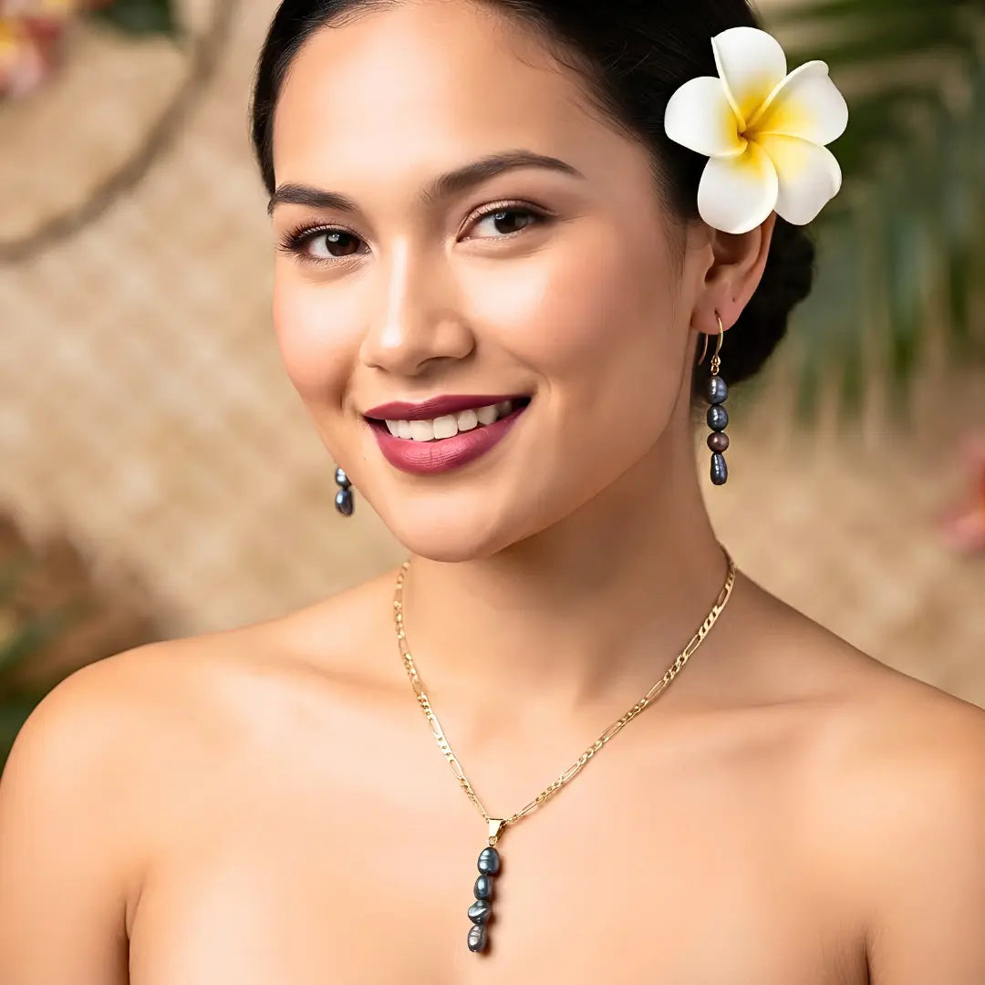 18K Gold Filled Dark Baroque Pearl Necklace & Earrings Set – 6mm Peacock-Toned Pearls, 40mm Vertical Drop Pendant with 60cm Figaro Chain & 30mm Dangle Earrings