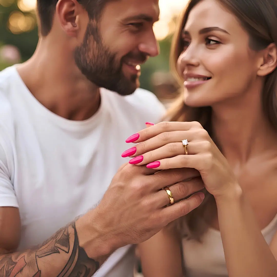 18K Gold Filled Couple Ring Set – Solitaire Statement Ring with Matching Curved Contour Nesting Band (US Sizes 9–13)