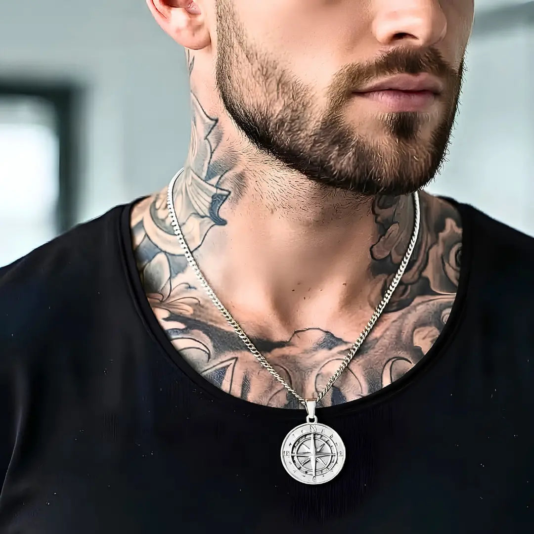 Silver Rhodium Plated Compass Coin Medallion Pendant Necklace – Nautical Star with Cardinal Direction Markers & 60cm x 3mm Cuban Link Chain for Men