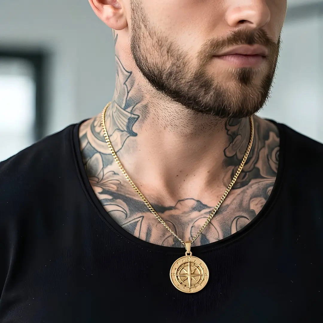 18K Gold Filled Compass Coin Medallion Pendant Necklace – Nautical Star with Cardinal Direction Markers & 60cm x 3mm Cuban Link Chain for Men