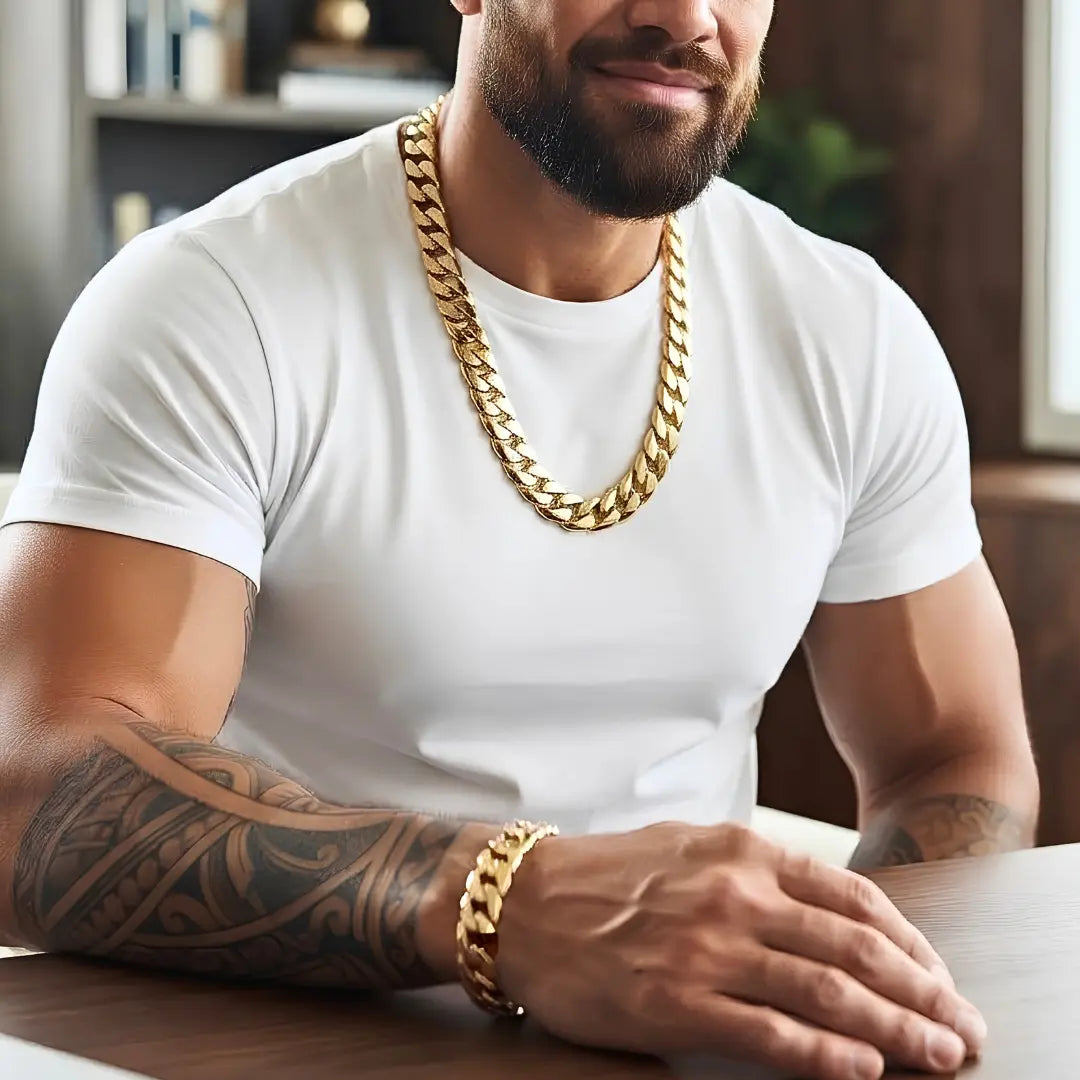 18K Gold Filled Heavy Cuban Link Chain & Bracelet 2-Piece Set – 12mm Flat-Beveled Curb Links (60cm Necklace & 23cm Bracelet) for Men