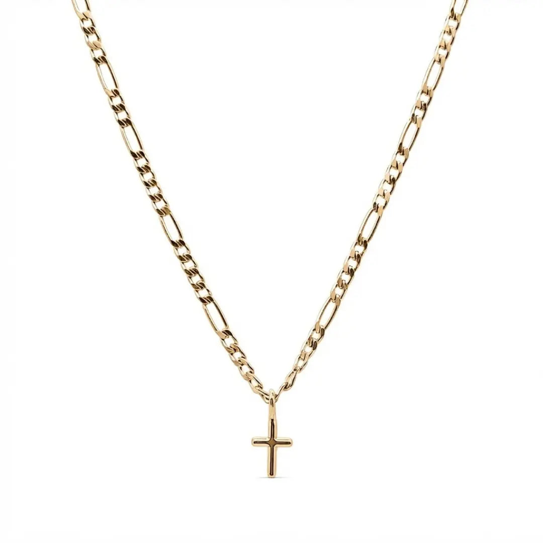 18K Gold Filled Minimalist Cross Necklace – Classic 16mm Latin Cross Pendant with 60cm x 3mm Figaro Chain for Men