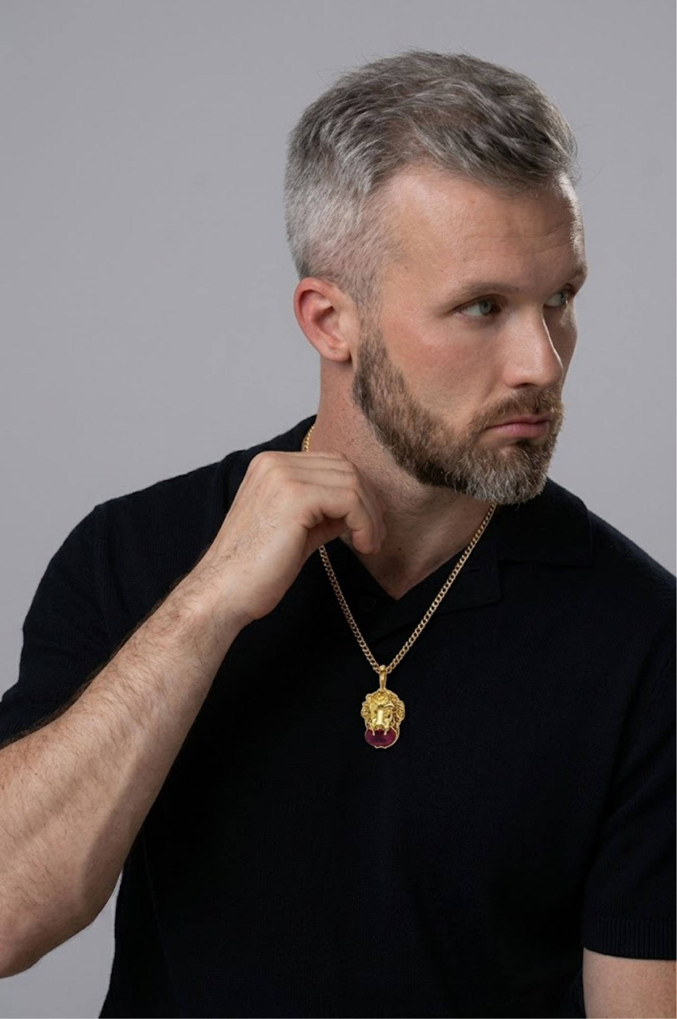 18K Gold Filled Lion Head Ruby Gemstone Pendant Necklace – Sculpted 3D Lion Holding Oval Ruby CZ Curb Chain Necklace for Men & Women