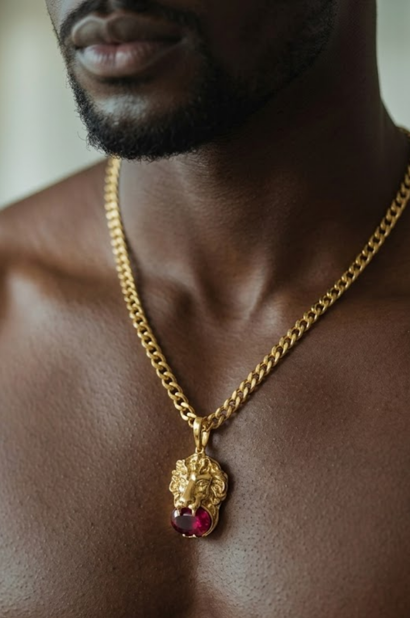 18K Gold Lion Pendant Necklace with Ruby