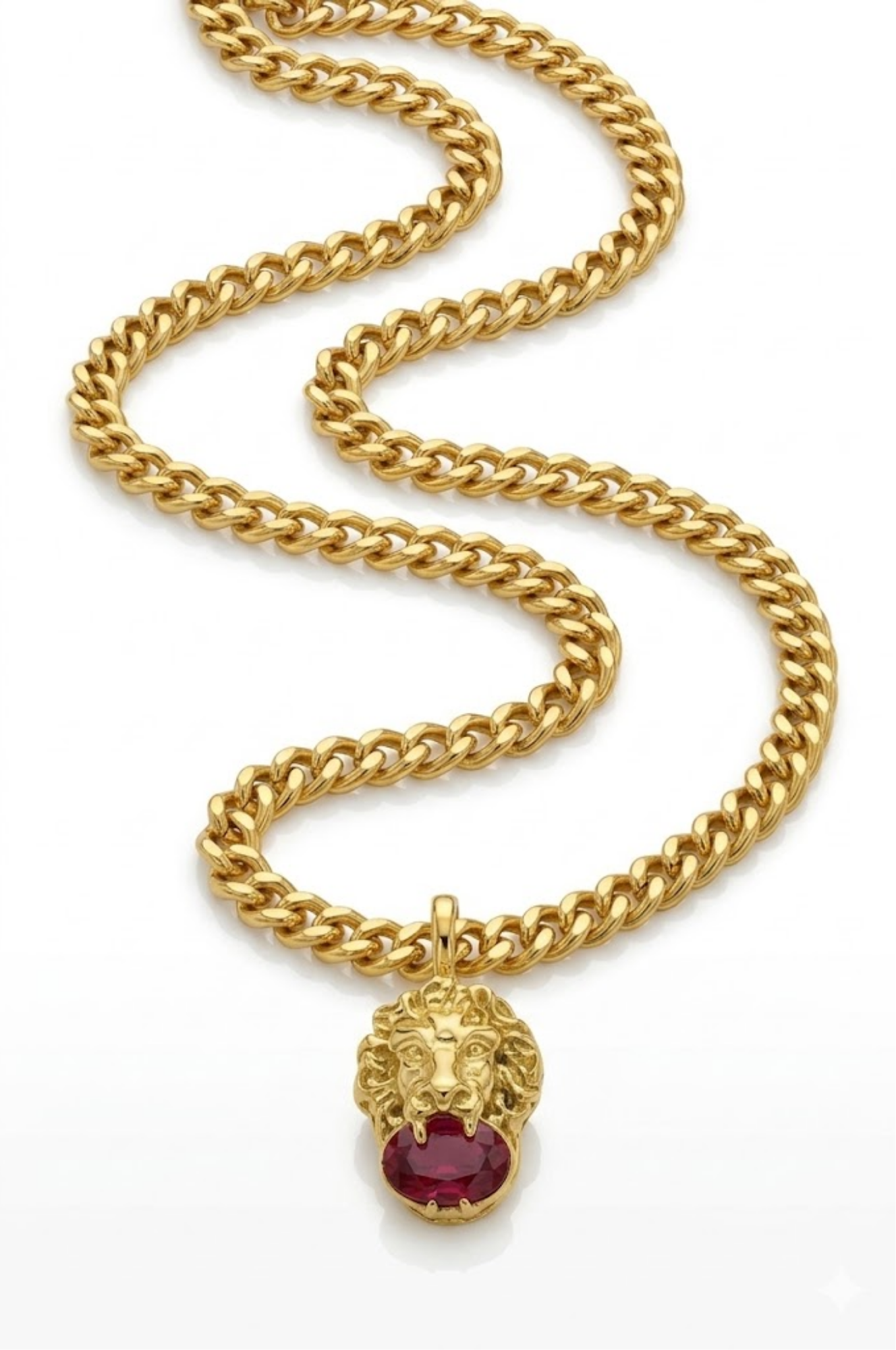 18K Gold Filled Lion Head Ruby Gemstone Pendant Necklace – Sculpted 3D Lion Holding Oval Ruby CZ Curb Chain Necklace for Men & Women