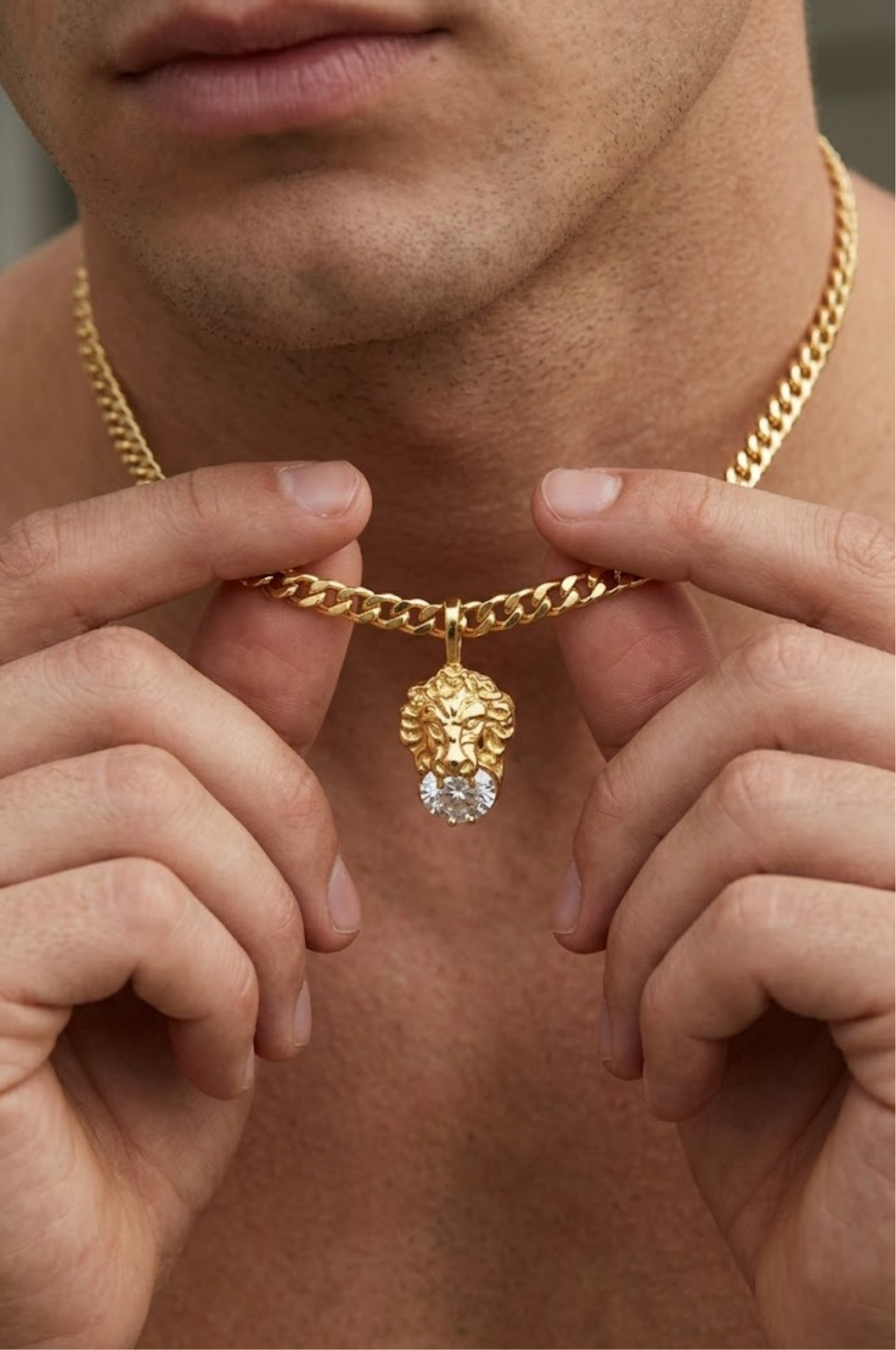 18K Gold Filled Lion Head Pendant Necklace with Solitaire Crystal – Unisex Curb Chain Fine Jewelry