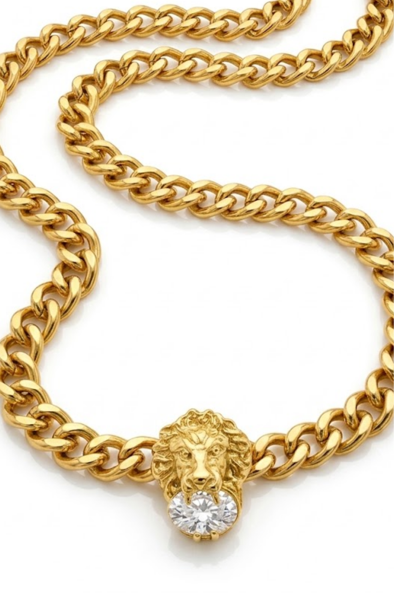 18K Gold Filled Lion Head Pendant Necklace with Solitaire Crystal – Unisex Curb Chain Fine Jewelry