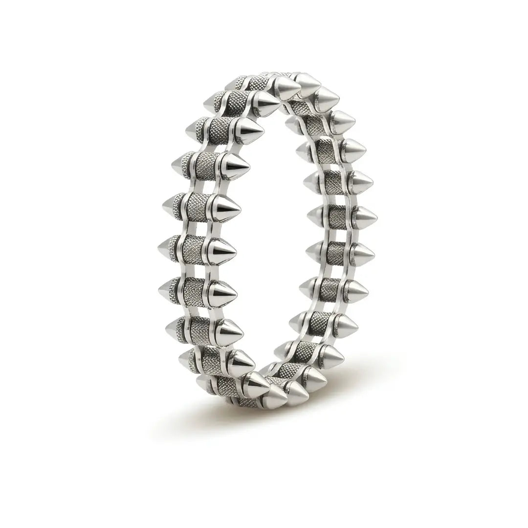 Geometric Spike Mesh Bracelet – 21cm 18mm Dual-Spike Link Punk Statement Cuff in Gold, Black & Silver for Men