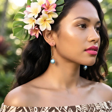 18K Gold Filled Hawaiian Long Wire Drop Earrings with Pink Pearl Accent