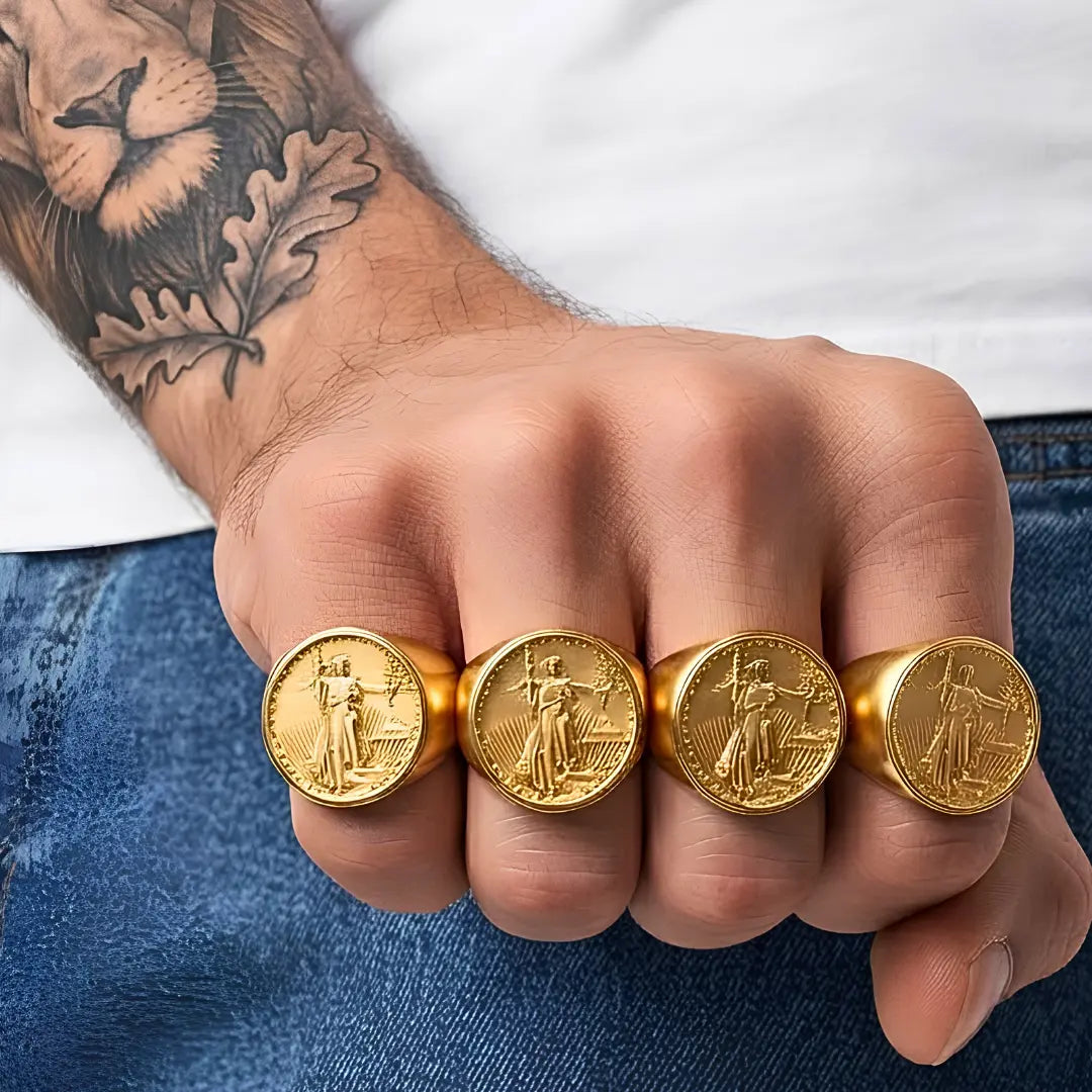18K Gold Filled Liberty Coin Sovereign Ring – Bold Engraved Statement Signet Ring for Men