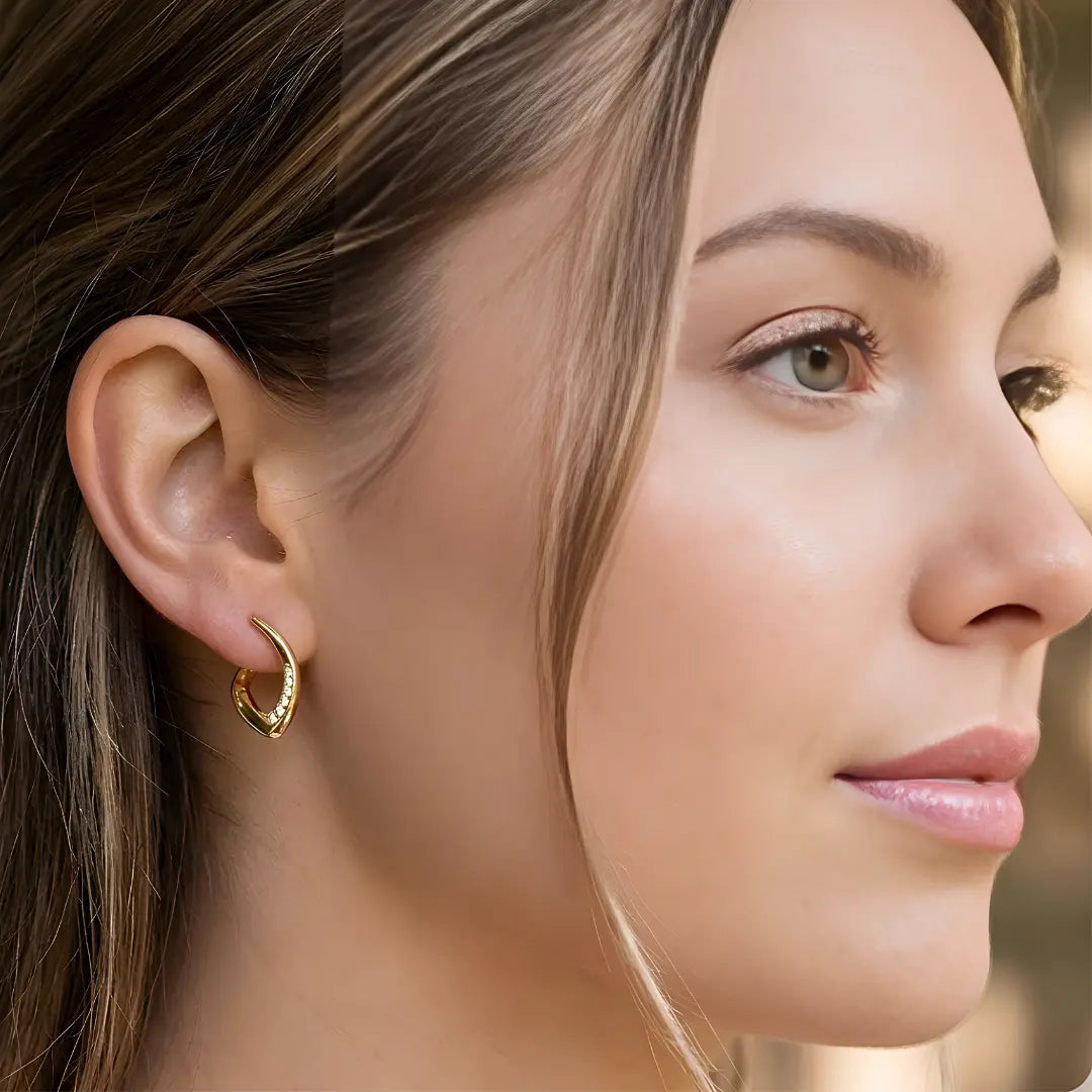 18K Gold Filled Leaf-Shaped Huggie Earrings with Cubic Zirconia – 12mm Nature-Inspired Asymmetrical Pavé Hoop Earrings for Women