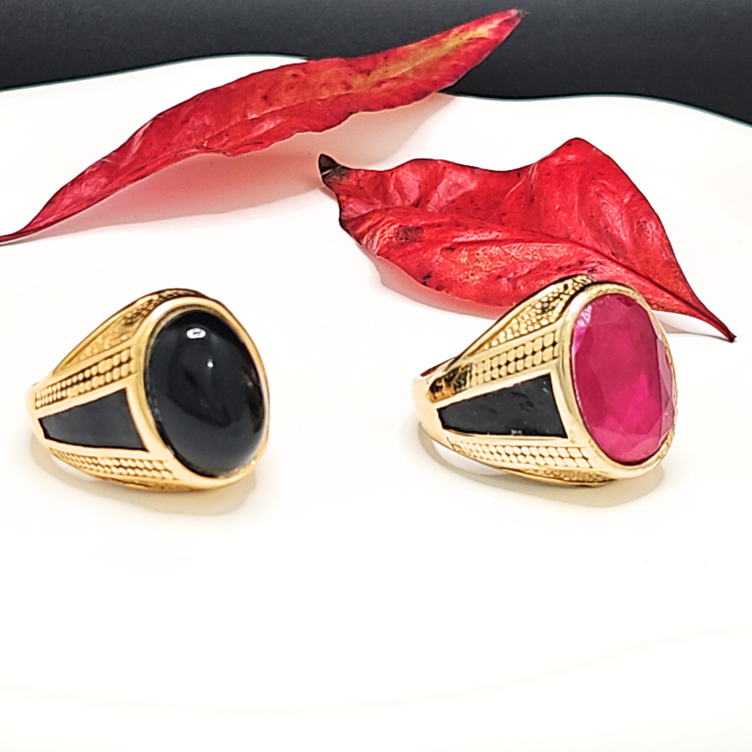 Mens Onyx Rings In Black & Red Stone