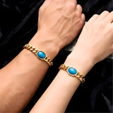 22CM X 12MM 18K Gold Filled Tarnish-Proof Cuban Link Chain Bracelet with Turquoise Oval Stone