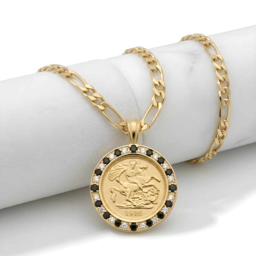 Gold Filled Tarnish Proof Sovereign Pendant with Black Stones & CZ