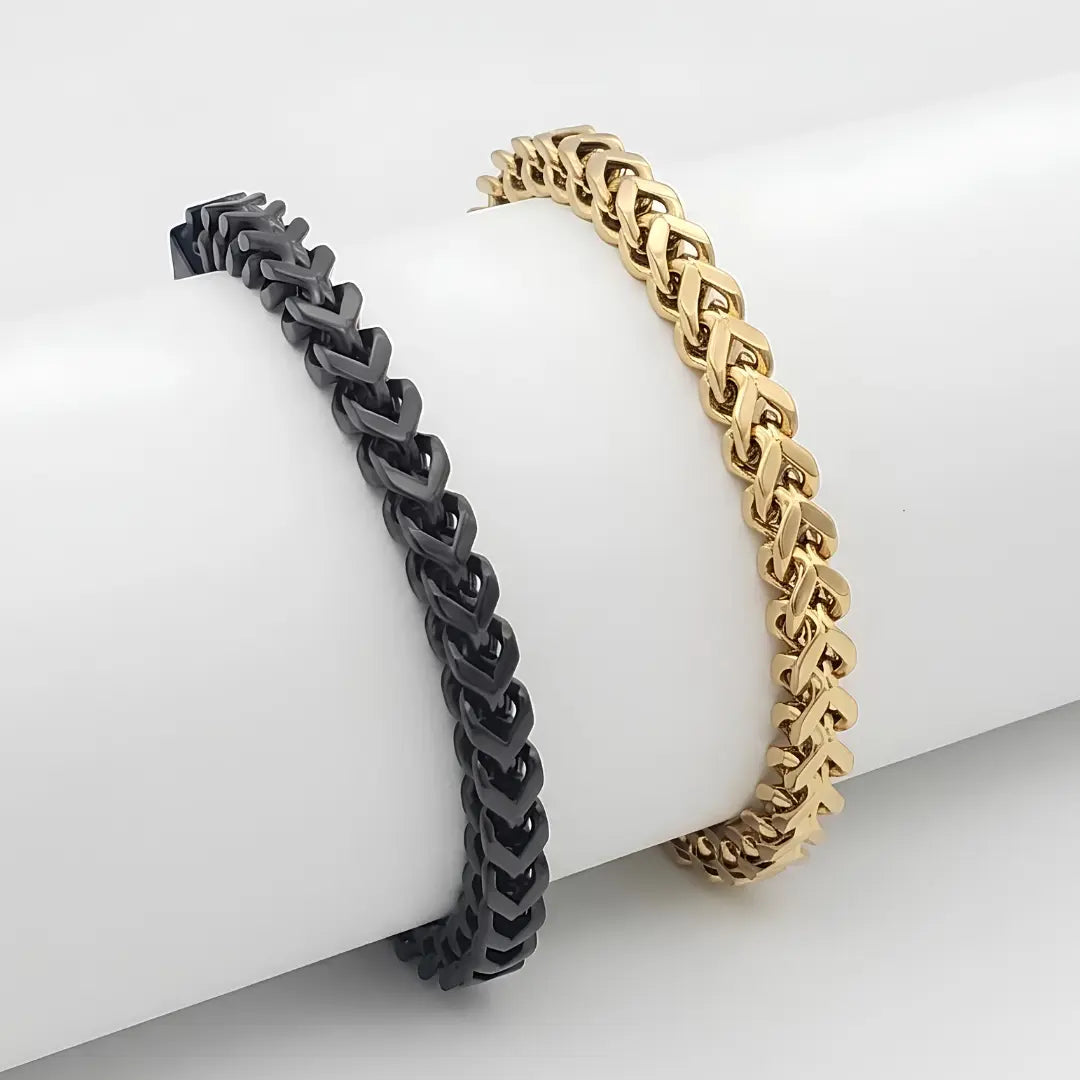 12mm Franco Chain Bracelet (20cm) – Tarnish-Proof Stainless Steel Bold Statement Wristband in Gold & Black