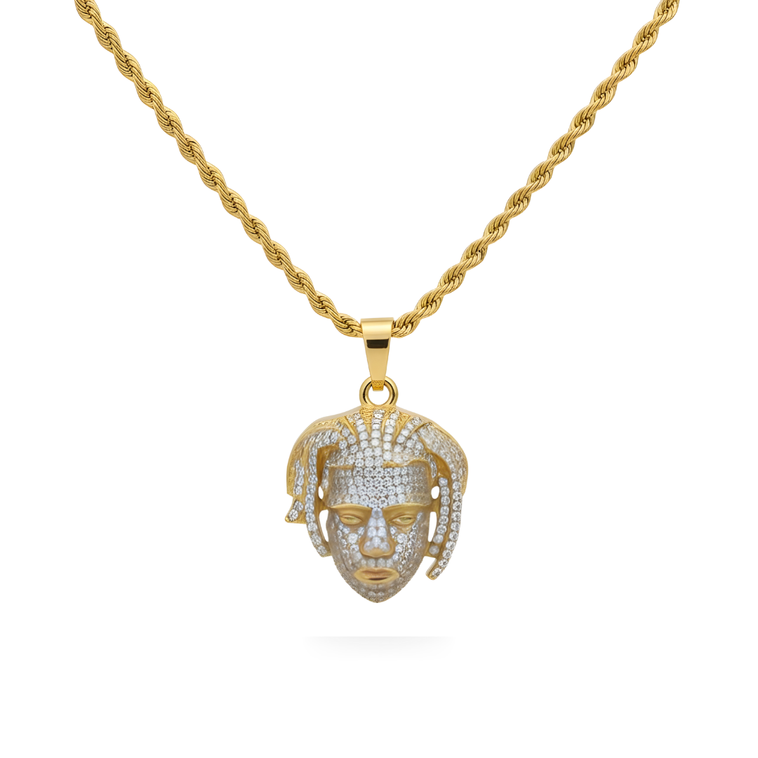 18K Gold Filled Micro-Pavé Dreadlocks Face Pendant Necklace – Iced Out 3D Figure CZ Rope Chain Necklace for Men & Women