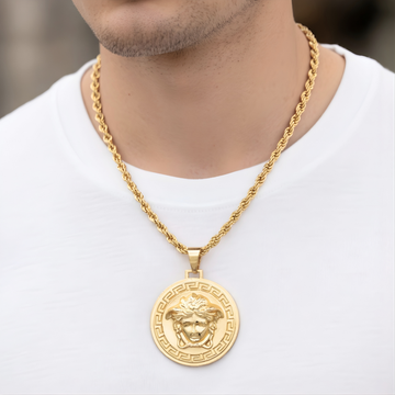 18K Gold Filled Iconic Greek Medusa Head Pendant Necklace – Medallion with Rope Chain