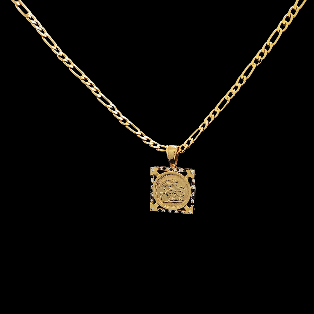 18K Gold Filled Square Sovereign With Black & White Stones