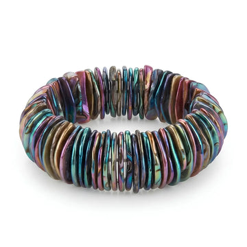 Multicolored Mother of Pearl Stretch Bracelet (25mm) – Vibrant Pearlescent Shell Statement Cuff