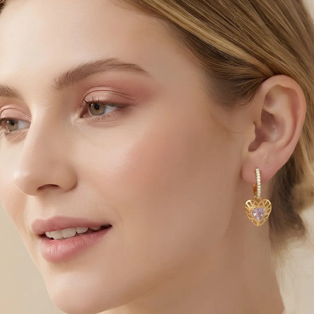 18K Gold Filled Puffed Heart Hoop Earrings with Purple Stone (30mm) – Tarnish-Proof Crystal Drop Earrings
