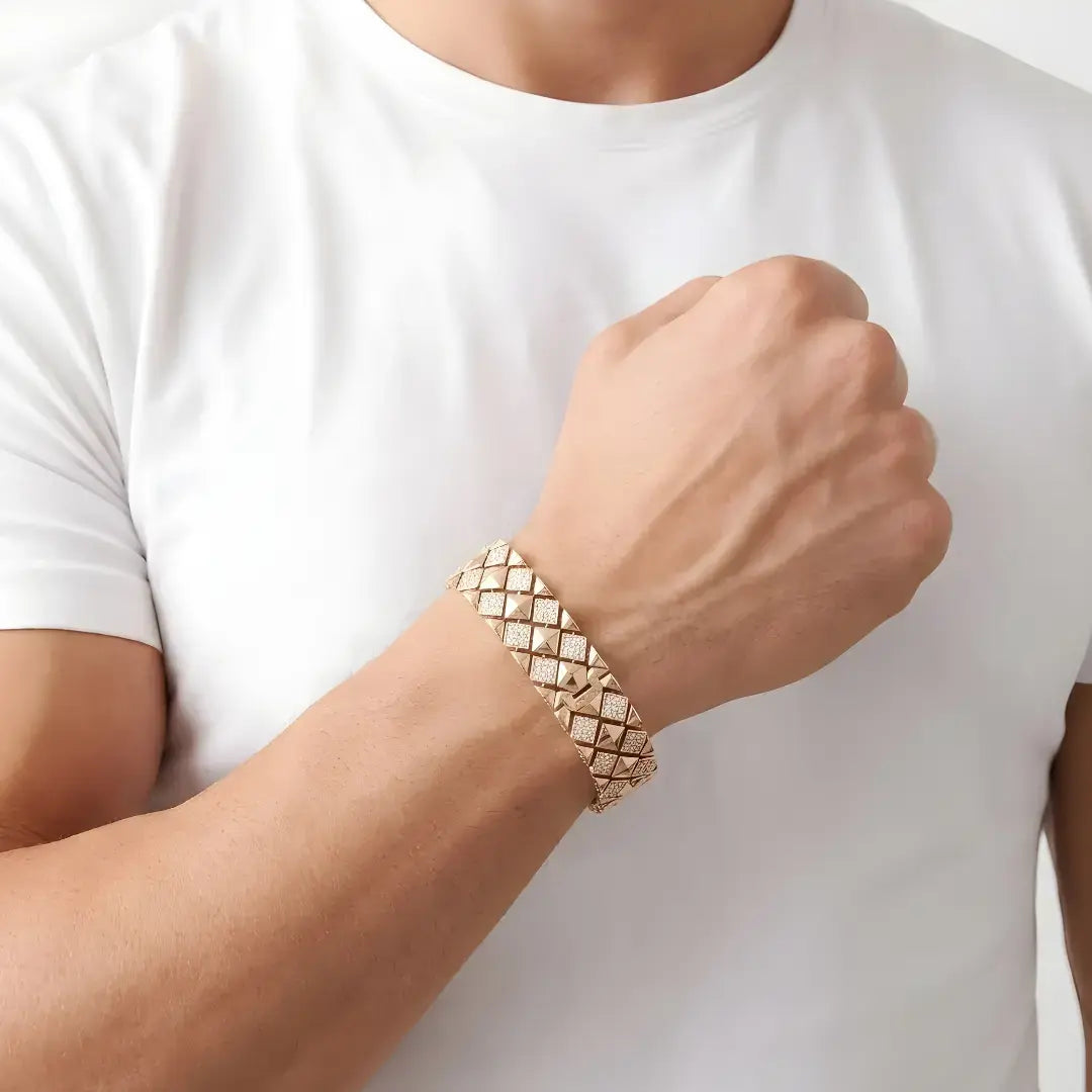 18K Gold Filled Pyramid Diamond Bracelet for Men & Women – Geometric Studded Statement Bracelet