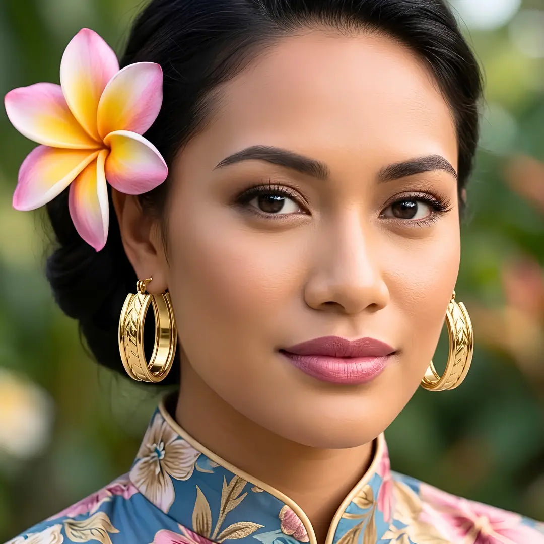 14K Gold Filled Hawaiian Chevron Carved Oval Hoop Earrings | Tarnish-Proof