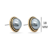 18mm Hawaiian Grey Pearl Stud Earrings, Gold Rope Border Tahitian Style Button Earrings